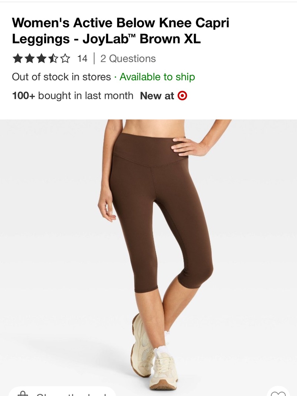 JoyLab Brown Knee Length Capri Leggings with Wide Waistband